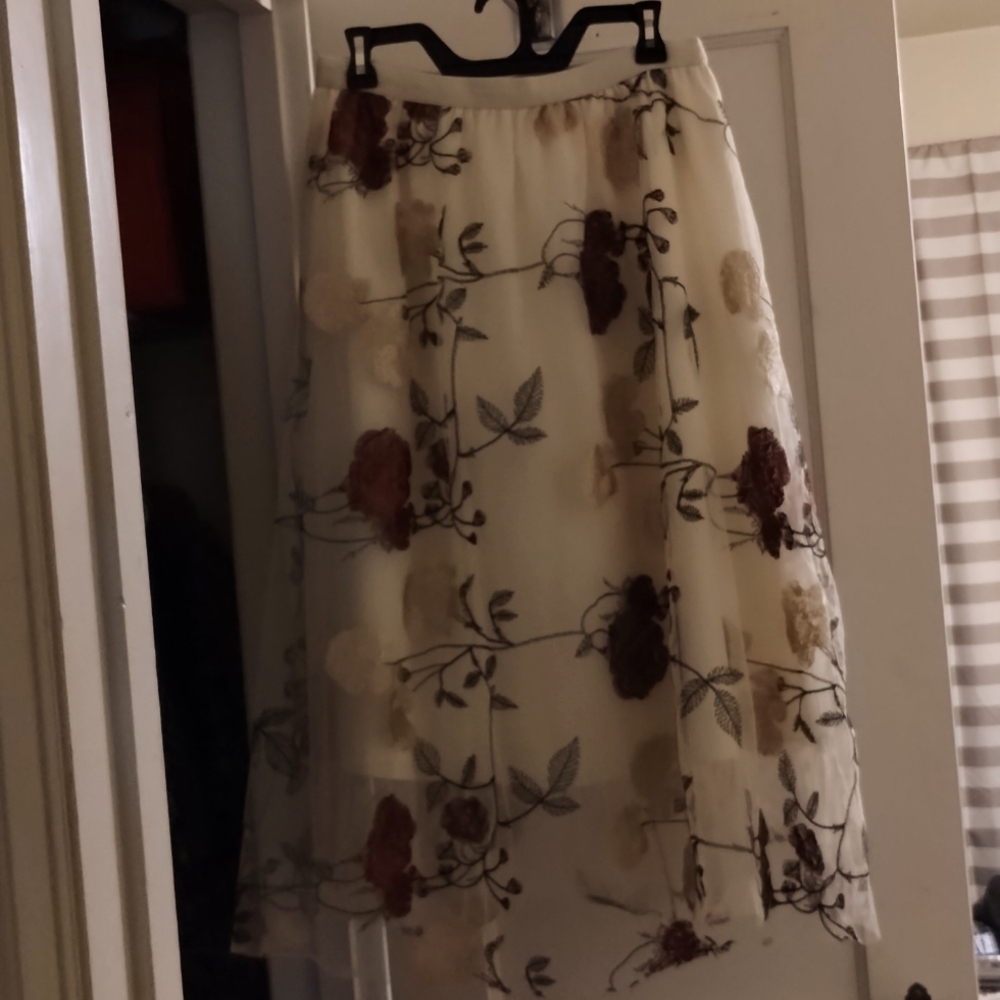 Mesh and Floral Embroidered Tulle Skirt in Ivory